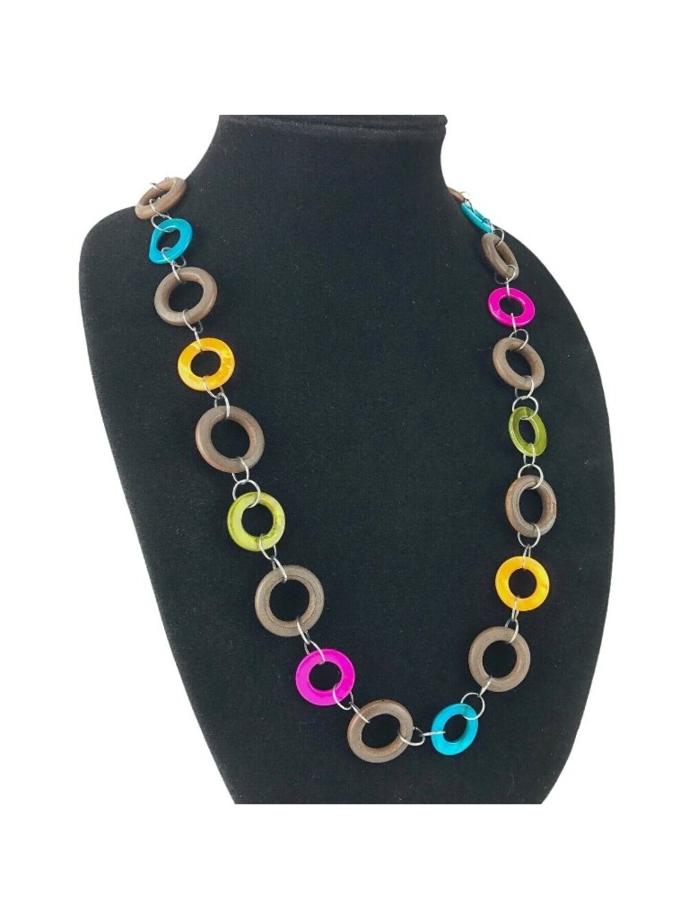 Silver Tone Long 36" Necklace with Colorful Dyed Shell & Wood Beads